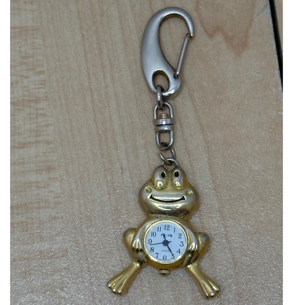 Jo-Jo Frog Keychain Watch Gold Tone Japan Quartz Movement Clip On Fob